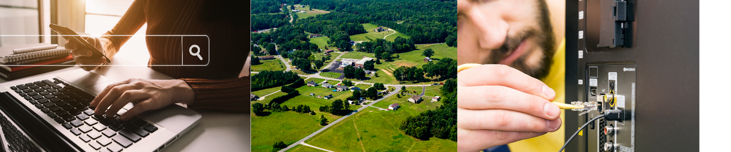 Someone on the computer, aerial photo of County, and fiber cord.