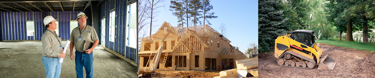 Three photos: two building inspectors, a house under construction, and a machine moving dirt