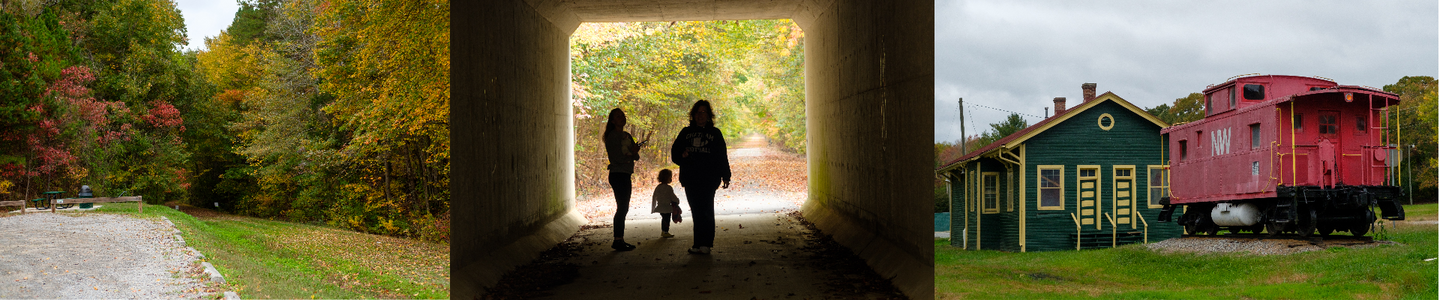 Three images: a trailhead, people in a tunnel, and an old red train.