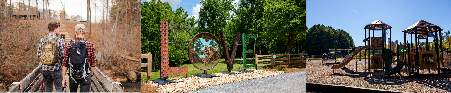 Three images of Wayside Park: people on a bridge, Love sign, and playground