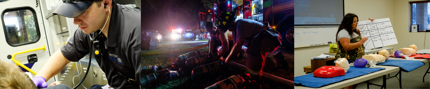 Three Photos of Fire and EMS Provieders - one doing CPR, one with people working with air tanks, and another teaching a class